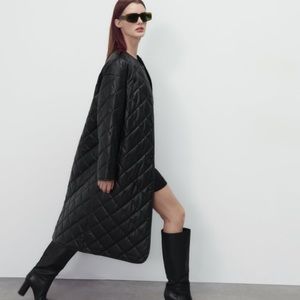 Zara black longline faux leather black quilted coat